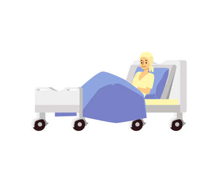 Woman cartoon character in hospital bed, flat vector illustration isolated.のイラスト素材