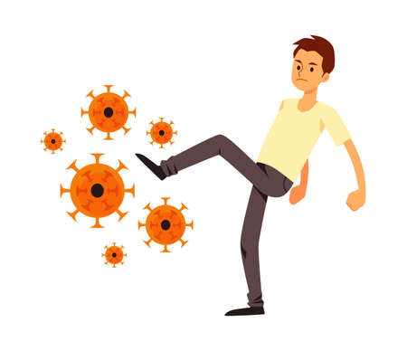 Man with healthy and strong immune system fighting kicks of viruses and bacteriaのイラスト素材