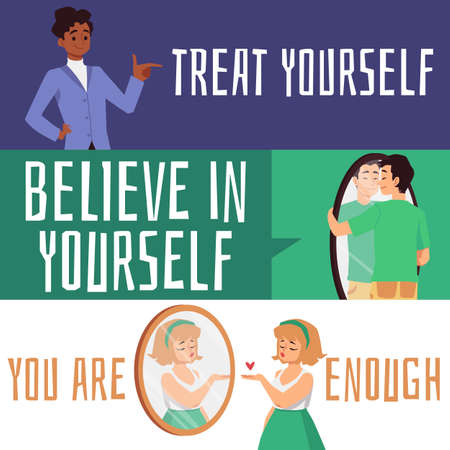 Set flyers on body positivity and self-acceptance theme flat vector illustration.