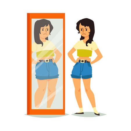 Accepting, loving, confidence and self respecting positive girl looks in mirror.のイラスト素材