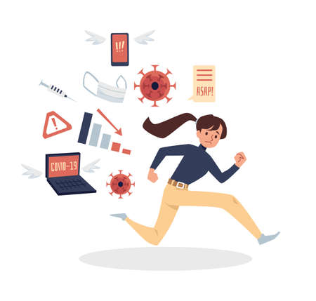Woman runs from the information flow, flat vector illustration isolated.のイラスト素材