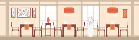 Chinese restaurant dining hall interior design flat vector illustration.のイラスト素材