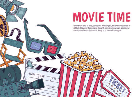 Movie Time web banner or poster template hand drawn sketch vector illustration.のイラスト素材