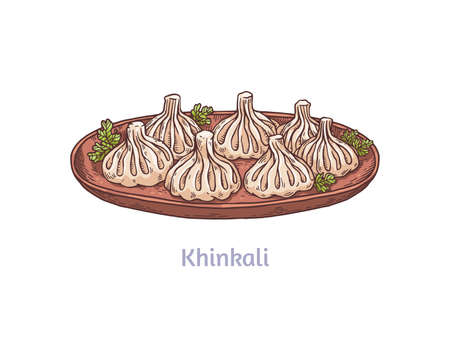 Traditional national homemade food of georgian cuisine khinkali with parsley.のイラスト素材