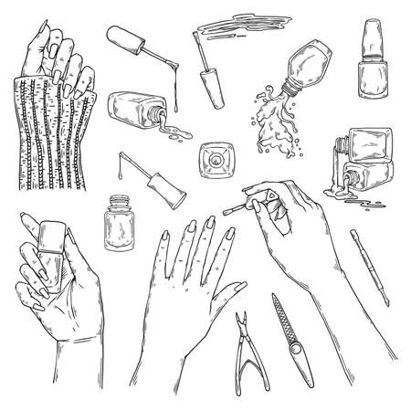 Nail manicurist bar or saloon items set sketch vector illustration isolated.のイラスト素材
