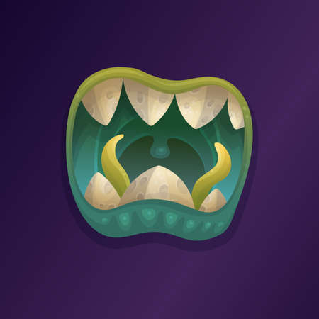 Evil monster mouth with teeth and green snake tongue, flat vector illustration.のイラスト素材