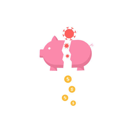 Broken Piggy bank box with falling out money, flat vector illustration isolated.のイラスト素材