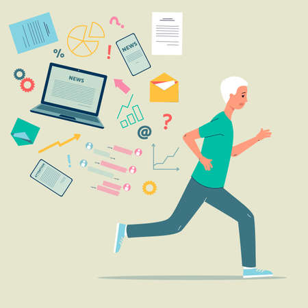 Worried man escaping of news stream, cartoon flat vector illustration isolated.のイラスト素材