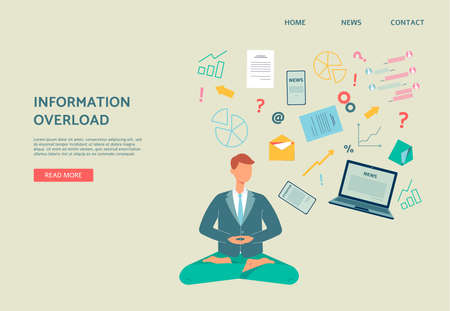 Information overload - website banner with cartoon man in lotus poseのイラスト素材