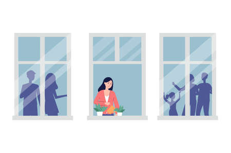 Woman alone in apartment feeling upset and lonely, flat vector illustration.のイラスト素材
