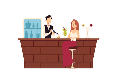 Lonely upset woman sitting at bar counter and drinking flat vector illustration.のイラスト素材