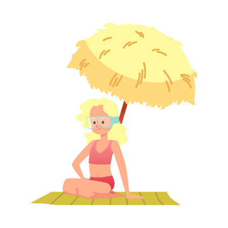 Child girl under sun umbrella by the sea, flat vector illustration isolated.のイラスト素材