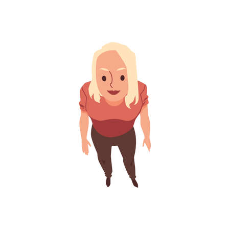 Top view on smiling standing girl looking up above a flat vector illustration.のイラスト素材