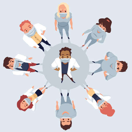 Top view on doctors in medical masks looking up, flat vector illustration.のイラスト素材