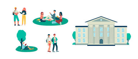 Set of students and university building, flat vector illustration isolated.のイラスト素材