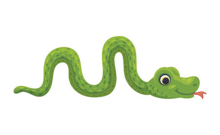 Funny green smiling cute animal snake a flat cartoon vector illustration.のイラスト素材