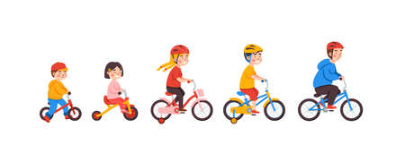Children of different age riding bicycles, cartoon vector illustration isolated.