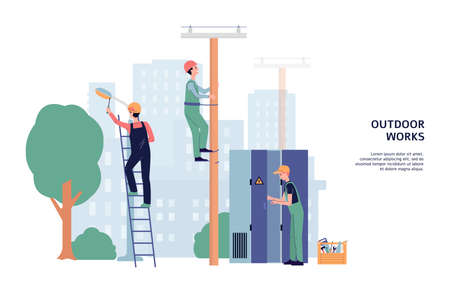 Website banner template of electricity outdoor works flat vector illustration.のイラスト素材