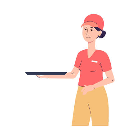 Portrait of female character worker of fast food restaurant with tray on hand.のイラスト素材