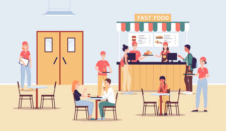 Fast food restaurant with workers and visitors a vector flat illustration.のイラスト素材