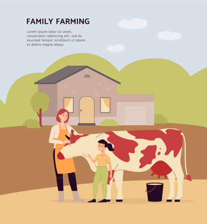 Farm family mother and daughter taking care of cow, cattle animal that give milkのイラスト素材