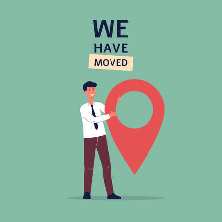 We have moved banner or card with businessman, flat vector illustration.のイラスト素材