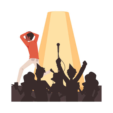 Man with fear of public speaking runs away from crowd, flat vector illustration.のイラスト素材