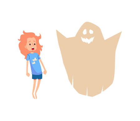 Scared child screaming seeing ghost, flat vector illustration isolated.のイラスト素材