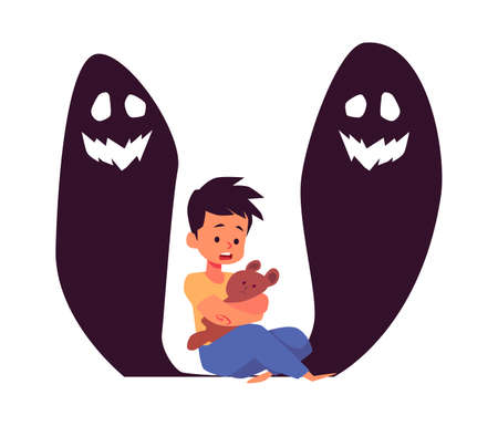 Little boy afraid of monsters flat vector illustration isolated on white.のイラスト素材