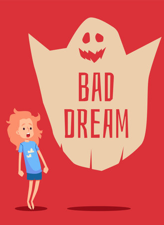 Banner or poster with child girl having bad dream, flat vector illustration.のイラスト素材
