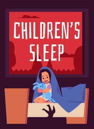 Children sleep problem banner with frightened child flat vector illustration.のイラスト素材