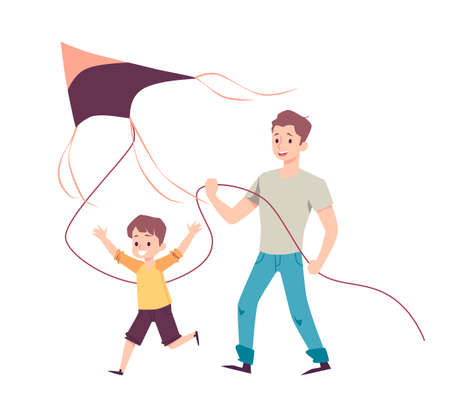 Happy father and little son having fun with flying kite outdoors.のイラスト素材