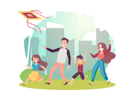Family flying a kite at cityscape backdrop, flat vector illustration isolated.のイラスト素材