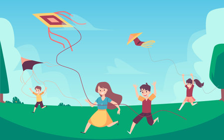 Summer background with happy kids flying kites, flat vector illustration.のイラスト素材