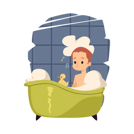 Happy kid boy washes in bath with water and soap foam in home bathroomのイラスト素材