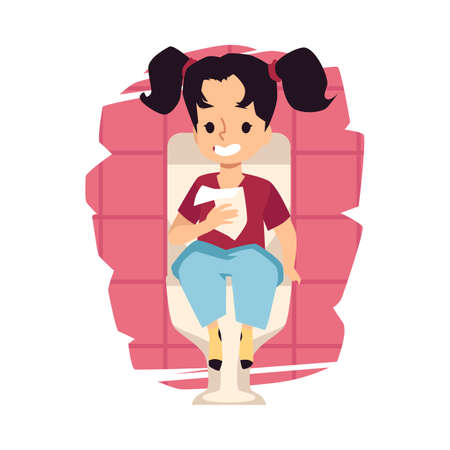 Girl sitting on toilet commode in lavatory, flat vector illustration isolated.のイラスト素材