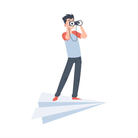 Man on plane looking through binoculars, flat vector illustration isolated.のイラスト素材