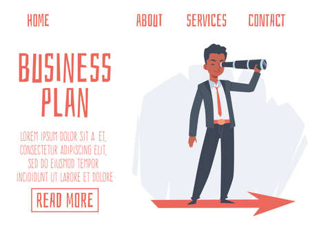 Business plan website with man looking for new goal, flat vector illustration.のイラスト素材