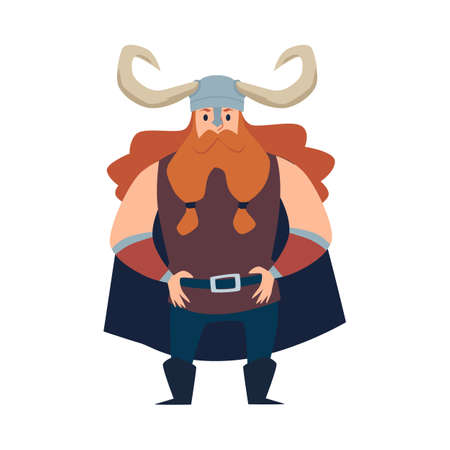 Male cartoon character warrior viking with red beard and in horned helmet.のイラスト素材