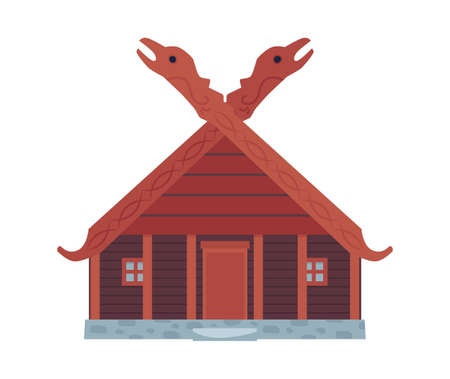 Scandinavian viking house with carved details flat vector illustration isolated.のイラスト素材