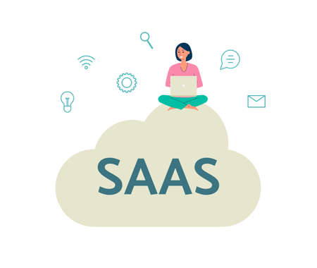 Saas software technology with woman on cloud flat vector illustration isolated.のイラスト素材