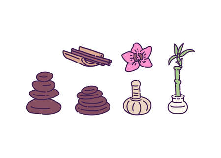 A set of items and accessories for Spa and aromatherapy. Body and face care. Collection of vector icons isolated on a white background.のイラスト素材