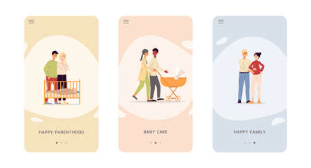 Parenthood and baby care onboarding pages set of vector illustrations isolated.のイラスト素材