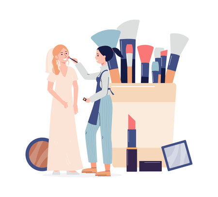 Bride wedding makeup artist applying cosmetic flat vector illustration isolated.のイラスト素材