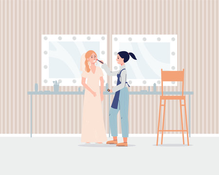 Makeup artist in salon doing wedding maquillage flat vector illustration.のイラスト素材
