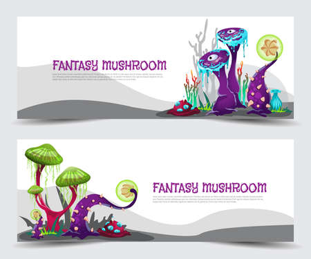 Vector banners with magic fantasy mushrooms, unusual plants of alien nature.のイラスト素材