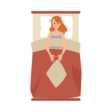 Young tired woman lying in bed at night suffers from insomnia or stress.のイラスト素材