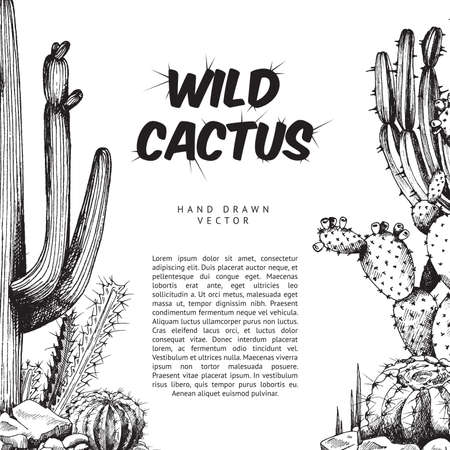 Card or banner with hand drawn cactuses, ink engraved vector illustration.のイラスト素材