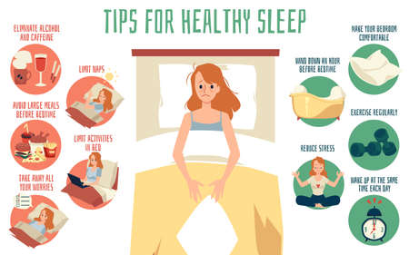 Medical banner with tips for healthy sleep, flat vector illustration.のイラスト素材