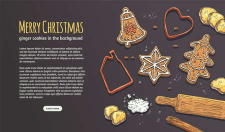 Christmas background with gingerbread cookies, hand drawn vector illustration.のイラスト素材